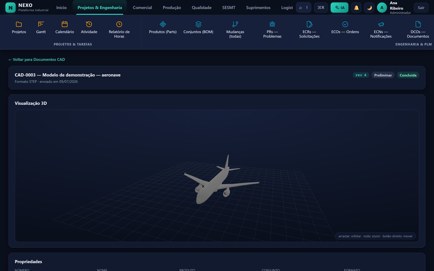 A CAD document open in Nexo with a 3D model rendered in the browser, with orbit, zoom and pan controls.